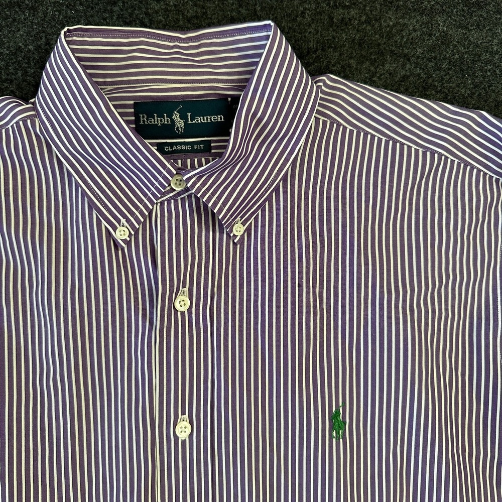 Ralph Lauren Shirt Mens LG White‎ Purple Stripe Long Sleeve Green Pony Button Up